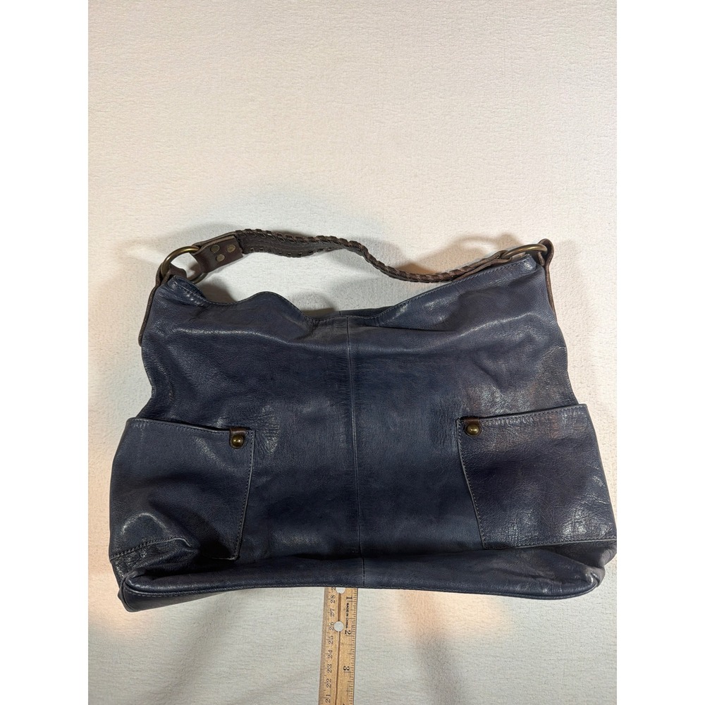 Tano Navy Blue Leather Hobo Bag Braided Strap Slouchy Shoulder Bag Large